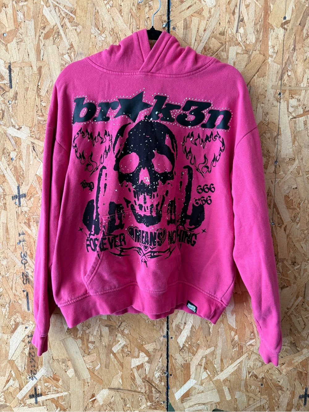 Broken Promises Pink Graphic Bedazzled Skull Hoodie